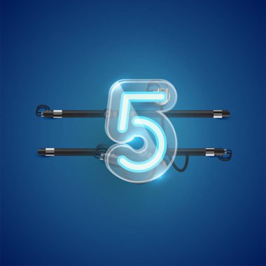 Plastik çantalı gerçekçi neon '5' karakteri, vektör il