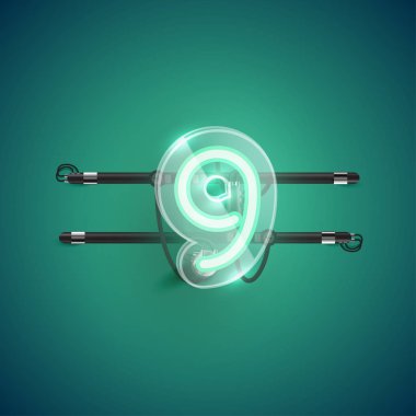 Plastik kutulu gerçekçi neon '9 karakteri, vektör il