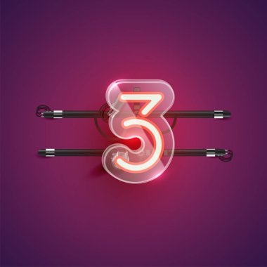 Plastik kutulu gerçekçi neon '3' karakteri, vektör il