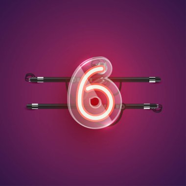 Plastik kutulu gerçekçi neon '6' karakteri, vektör il