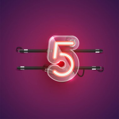 Plastik çantalı gerçekçi neon '5' karakteri, vektör il