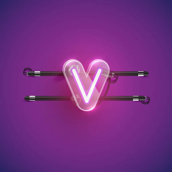 Realistische neon V karakter met plastic kast rond, vector illu — Stockvector
