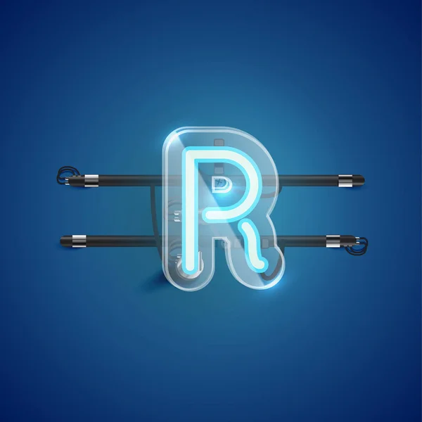 Reális neon R karakter műanyag tok körül, vektor illu — Stock Vector