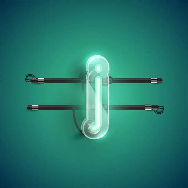 Realistische neon J karakter met plastic kast rond, vector illu — Stockvector