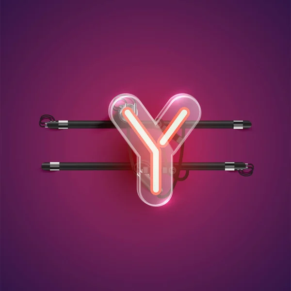Realistische neon Y karakter met plastic kast rond, vector illu — Stockvector