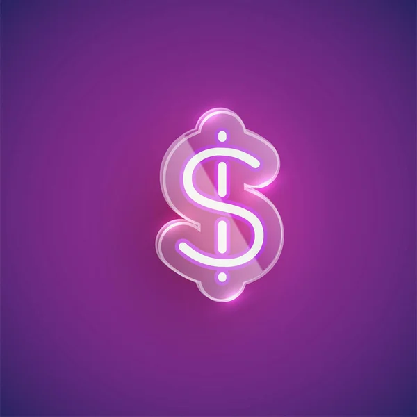 Caractère néon réaliste 'dollar sign' avec boîtier en plastique autour , — Image vectorielle