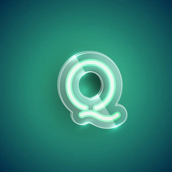 Reális neon Q karakter műanyag tok körül, vektor illu — Stock Vector