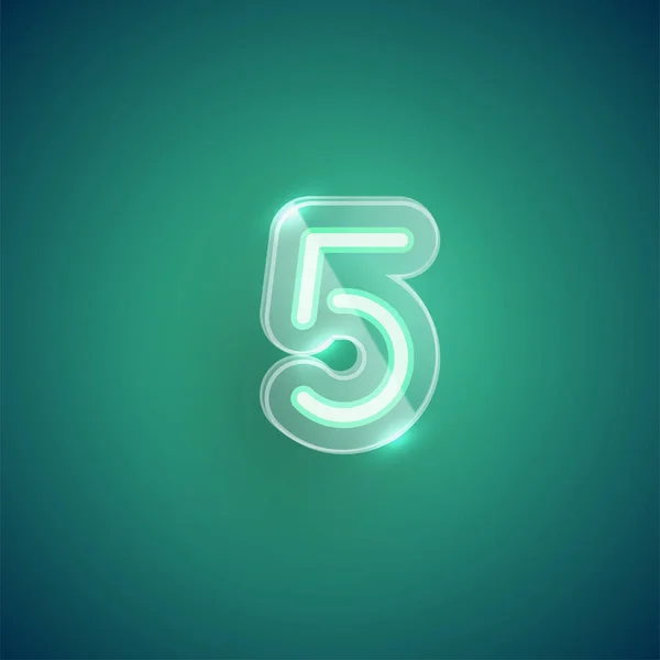 Realistische neon '5' karakter met plastic kast rond, vector il — Stockvector