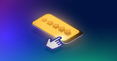 Beş yıldızlı yüksek detaylı 3D akıllı telefon ve bir el imleci, izometrik vektör çizimi