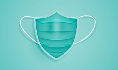 Yeşil arka planda gerçekçi kalkan şekilli tıbbi maske, vektör illüstrasyonu