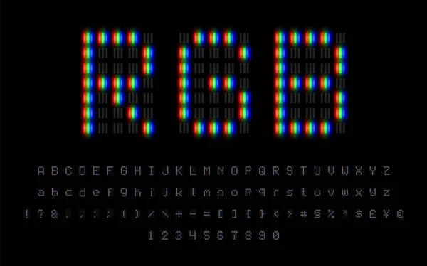 Rgb Pixel Schriftart Mit Zahlen Und Glyphen Rot Grün Blau — Stockvektor