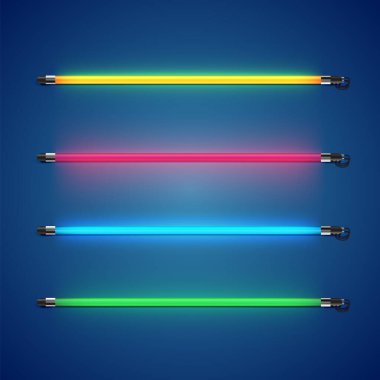 Gerçekçi renkli neon tüp seti, vektör illüstrasyonu