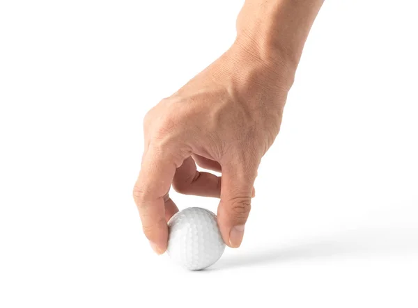 Mão Colocar Bola Golfe Fundo Branco — Fotografia de Stock