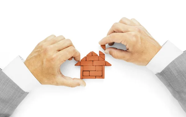 Metaphor Building House Last Brick Completion Works Businessman Hands Using — Stock Photo, Image