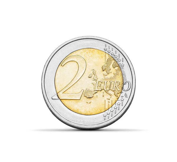 Moneda Dos Euros Sobre Fondo Blanco Símbolo Moneda Financiera Ruta —  Fotos de Stock
