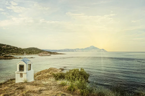 Miniature Religious Symbol Greece Form Church Seashore Looking Mount Athos — Stock Photo, Image