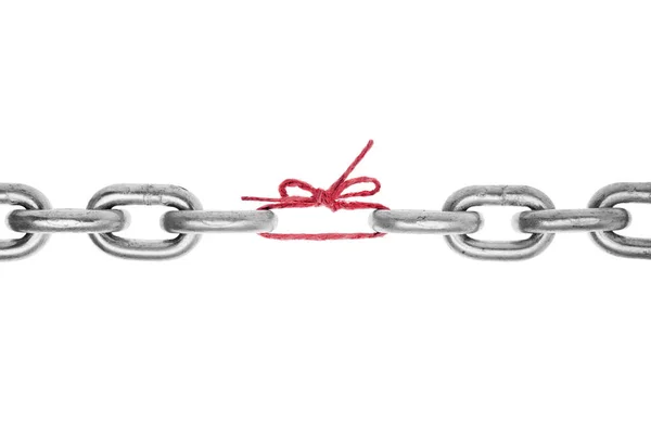 Weak Link Chain Broken Chain Piece Red String Holding Together — Stock Photo, Image