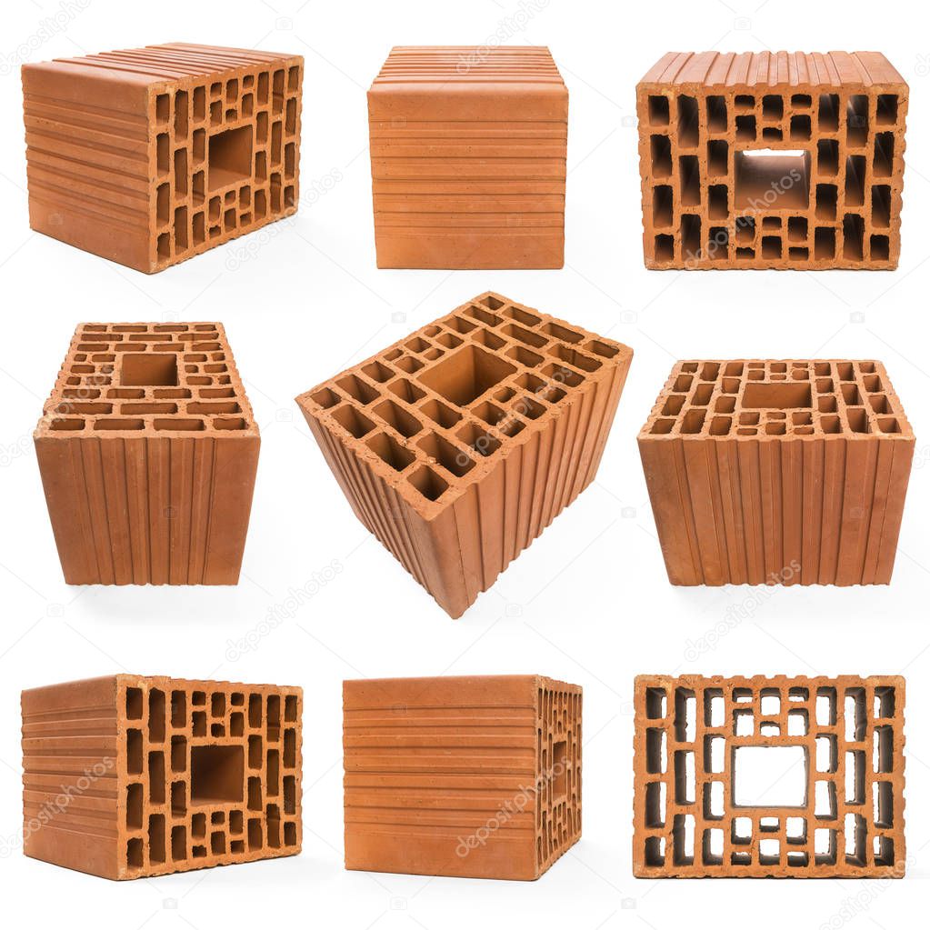 Set perforated red bricks on white background, including clipping path