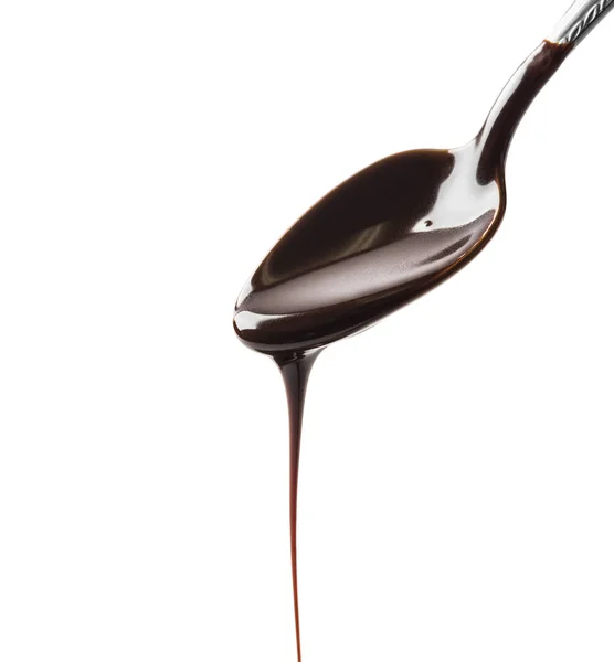 Hot Chocolate Dripping Metal Spoon Isolated White Background — Stock Photo, Image