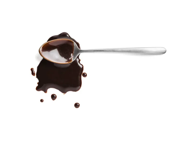 Löffel Mit Flüssiger Schokolade Auf Weißem Hintergrund Ansicht Von Oben — Stockfoto