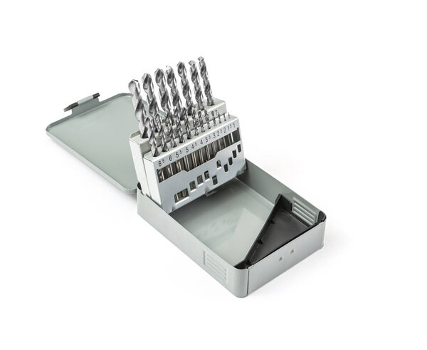 Drill bit set in metal box