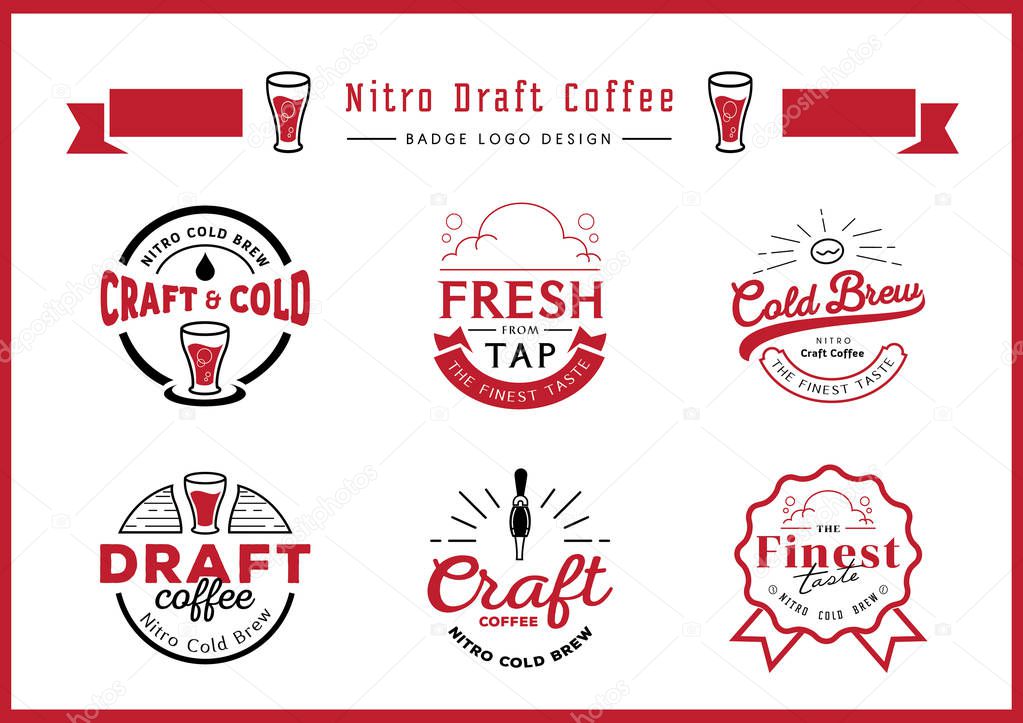 nitro draft coffee badge logo design set with craft coffee,draft coffee,glass,coffee bean,guarantee ribbon badge design,typography design vintage style vector illustration 