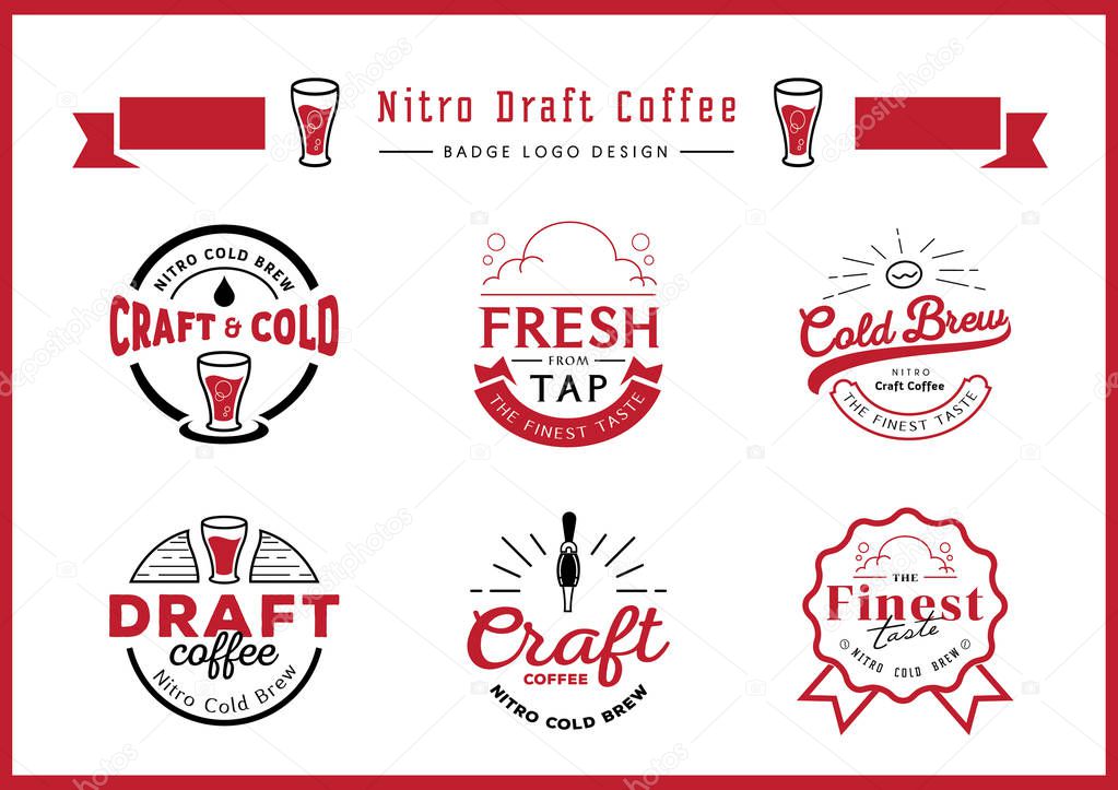 Nitro draft coffee badge logo design set with craft coffee,draft coffee,glass,coffee bean,guarantee ribbon badge design,typography design vintage style vector illustration