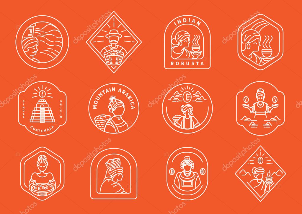 Variety of local coffee farmer line badge design with variety line element about local Ethiopian coffee farmer,coffee beans,coffee drop,mountain,cup and jar of fresh coffee vector illustration.