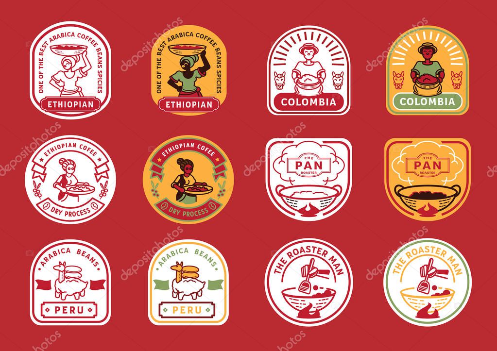 Local farmer badge design with farmer harvest,coffee fruit,coffee bean,coffee pan roasting,sheep with burlap bag vector illustration.