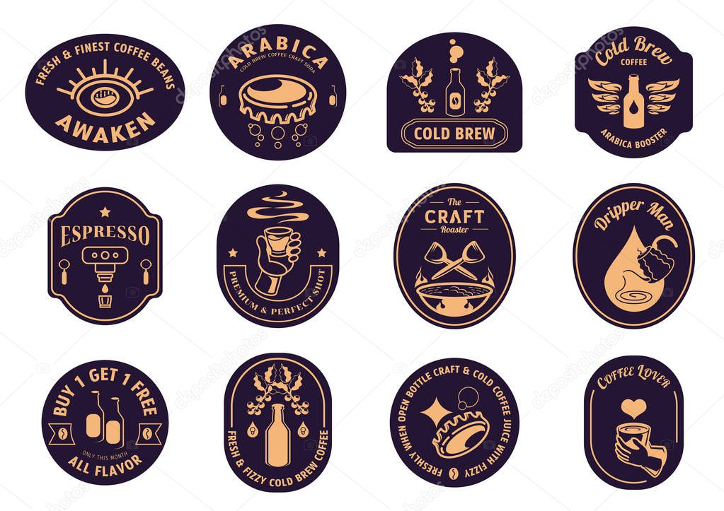 Variety classic coffee badge design with coffee beans,bottle,bottle cap,coffee dripper,cup of hot coffee,smoke and eye logo vector illustration.