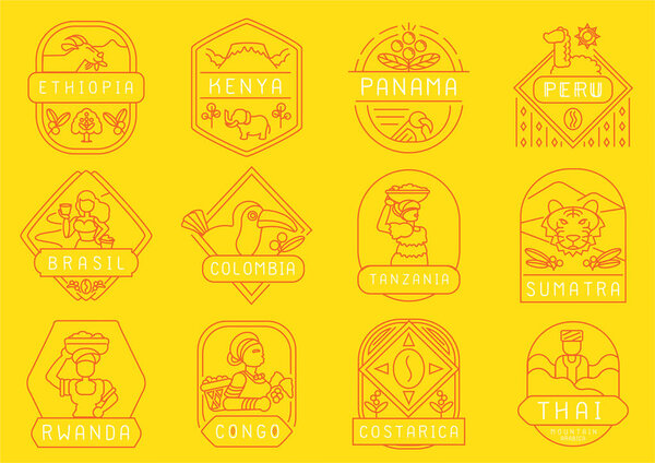 variety of country plant single origin coffee farm line badge design with Ethiopia,Kenya,Panama,Peru,Brazil,Colombia,Tanzania,Sumatra,Rwanda,Congo,Costa Rica and Thailand.
