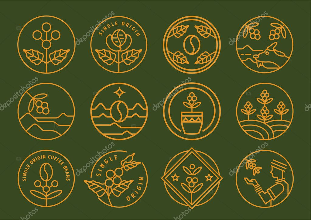 Premium single origin line badge design set vector illustration with coffee fruit,leaf,farmer and cup.