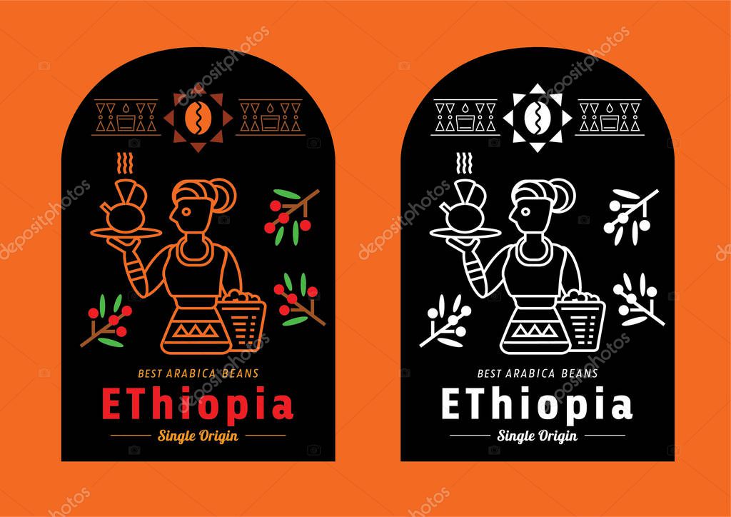 Colorful Ethiopia coffee label with local farmer vector illustration