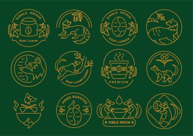 Tek kökeni kahve Kopi Luwak satırı simgesi tasarım vektör çizim kahve ağaç, meyve, kap ve fasulye ile.