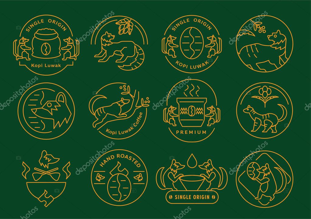 Single origin Kopi Luwak coffee line icon design vector illustration with coffee tree,fruits,cap and beans.