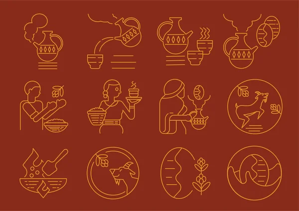 埃塞俄比亚当地咖啡文化图标设计与山羊 平底锅烤 火和水罐矢量插图 — 图库矢量图片