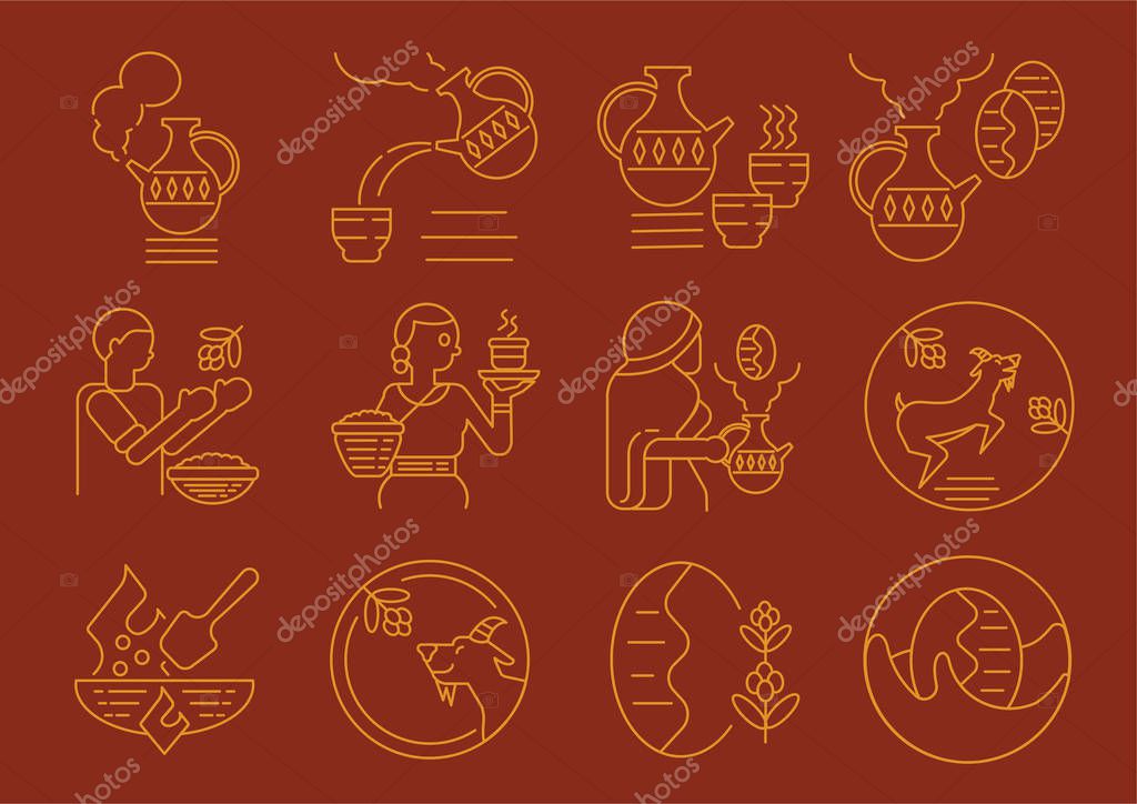 Ethiopian local coffee culture icon design with goat,farmer,pan roasting,fire and jug vector illustration
