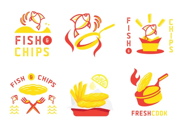 Diseño e ilustración de la insignia de pescado y chip — Archivo Imágenes Vectoriales