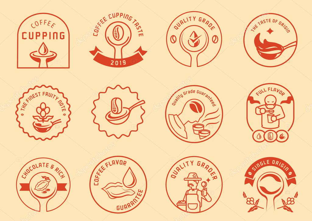 Coffee cupping logo badge design with man sib coffee,spoon of coffee,tongue tasting coffee drop and  local farmmer with spoon vector illustration.