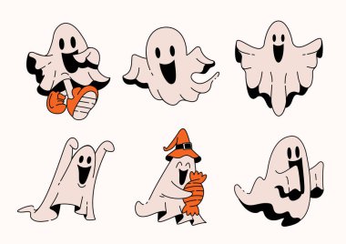blanket ghost cute illustration set in many actions walking, flying , haunting, spooky and treat with candy.