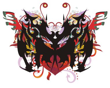 Süslü kelebek kırmızı kalp ve renk sıçramaları ile. Bir ejderha renkli dekoratif öğeler, oklar ve beyaz zemin üzerine kırmızı kalp başkanları tarafından kurulan grunge soyut alışılmadık kelebek kanatları