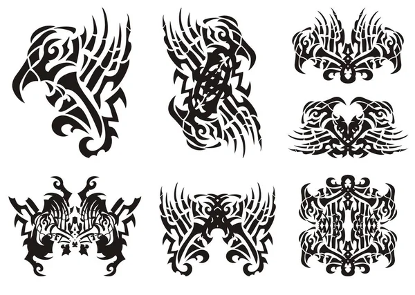 部族の珍しい黒と白鷲のシンボル オープン翼と蝶彼 フレーム ダブル シンボルから形成される抽象的なひさしのついたイーグル シンボル — ストックベクタ