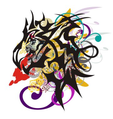 Renkli sıçraması ile agresif ejderha başlı. Çok yapışan korkunç ejderha başlı aslan kafasının içinde Doğrusal desen ve çiçek öğeleri ile 