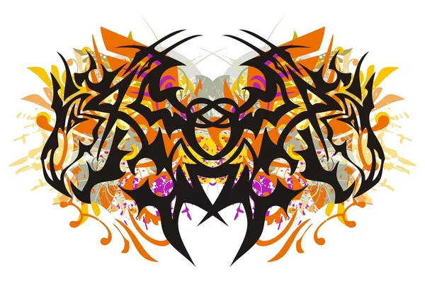 由龙头形成的垃圾部落蝴蝶 彩色抽象危险蝴蝶由龙的头形成与花元素在白色背景上 — 图库矢量图片