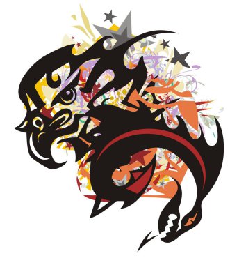 Renkli kartal Ejderha kafası ile su sıçramalarına. Grunge korkunç kartal başını çiçek ile su sıçramalarına ve öğeleri toplamların