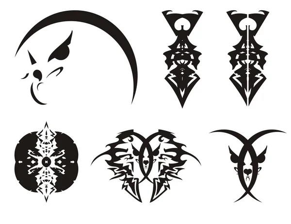 Peaked Abstract Eagle Head Head Cat Swords Tribal Symbols Set — Stock Vector