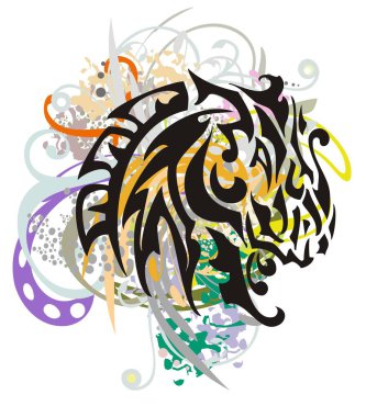 Renkli çiçek sıçraması ile etnik at kafası. Grunge kabile alevli at kafası ile renk çiçek öğeleri beyaz bir arka plan üzerinde izole döndürdüm