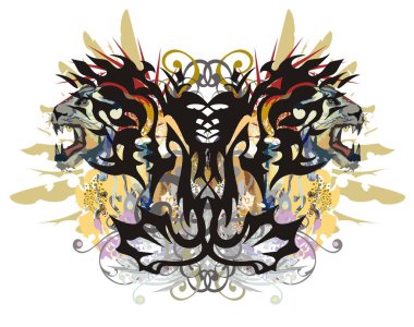 Bir dişi aslan agresif başkanları ile yapışan kelebek. Grunge soyut alışılmadık kelebek kanatları ile renkli dekoratif çiçek öğeleri, altın kartal tüylü ve renk damla