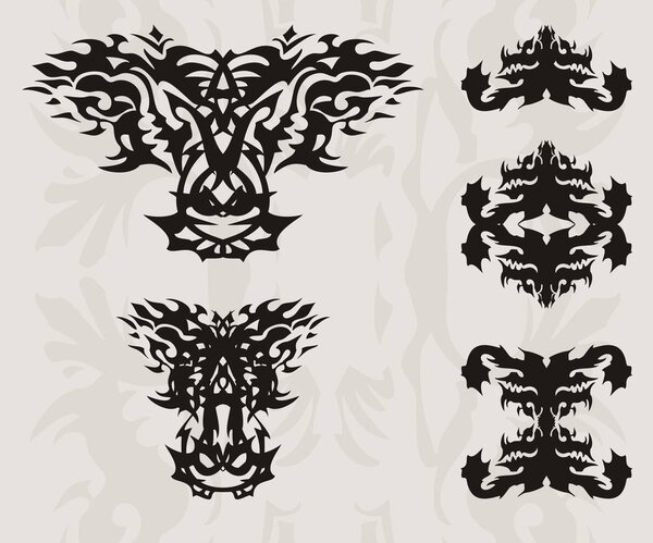 Абстрактная пылающая голова дракона и силуэты символов дракона. Двойной черный сифон дракона и голова дракона на декоративном фоне для вашего дизайна
