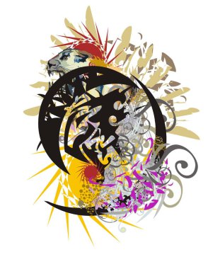 Yapışan etnik kartal baş sembolü. Grunge kartal başını tüyler, çiçek sıçraması ve saldırgan dişi aslan baş beyaz bir arka plan üzerinde unsurları ile yarım daire içinde